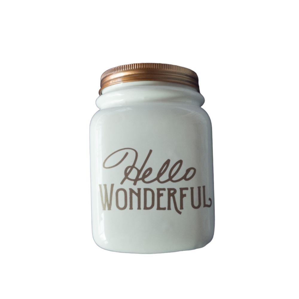 Hello Wonderful White Ceramic Jar Container Rose Gold Copper Colored Metal Lid